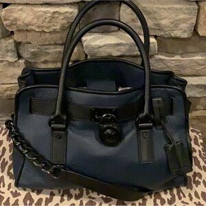 MICHAEL KORS Hamilton Medium Navy Black Leather Satchel